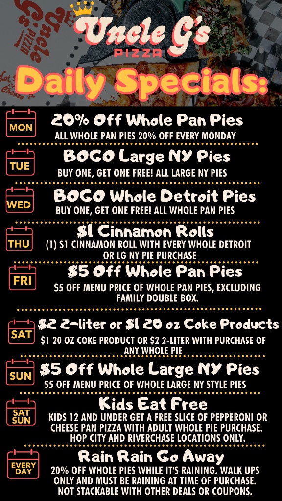 Uncle G's Pizza daily specials board