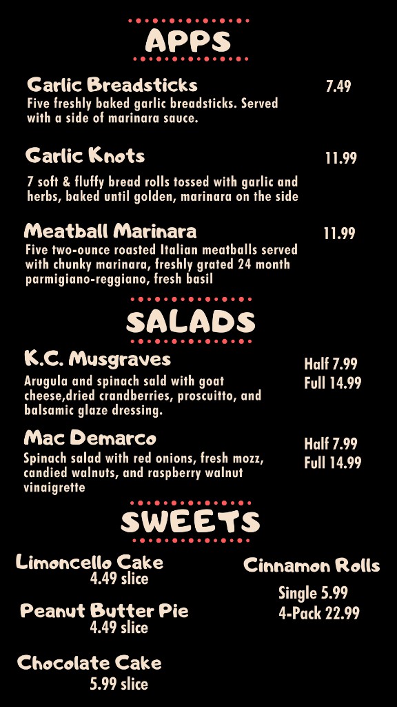 Appetizers, salads, and desserts menu