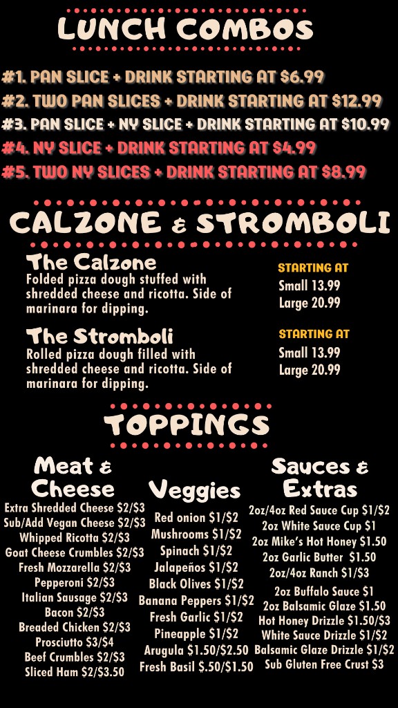 Lunch combos, calzone, stromboli, and toppings menu